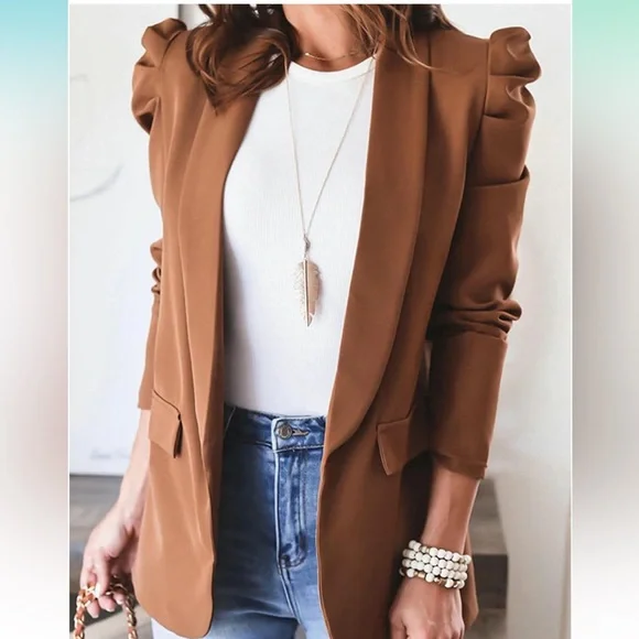Women's lightweight Puff Sleeve Blazer Jacket with Pockets - Picture 1 of 5